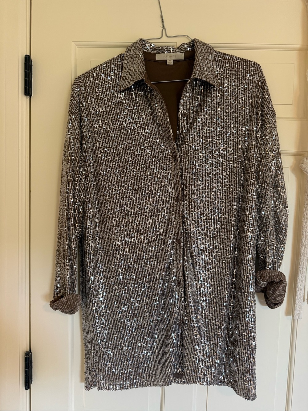 Anthropologie Flat White Silver Sequin Shirt Dress